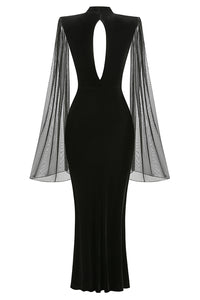 Flower Belt V-Neck Long Sleeved Maxi Dress In Black