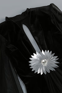 Flower Belt V-Neck Long Sleeved Maxi Dress In Black