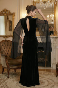 Flower Belt V-Neck Long Sleeved Maxi Dress In Black