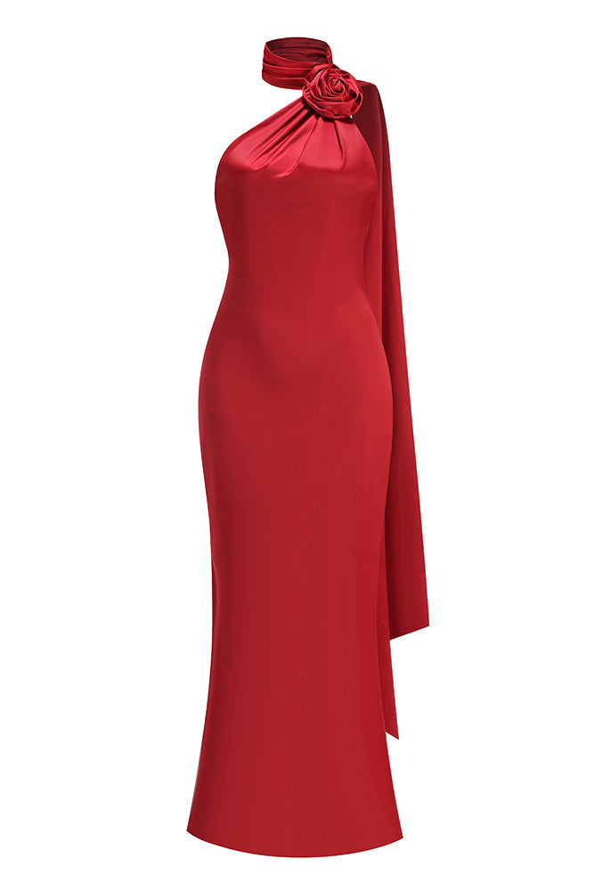 Flower Halter Draped Bridal Maxi Dress in Burgundy IULOVER Flower Halter Draped Bridal Maxi Dress in Burgundy IULOVER
