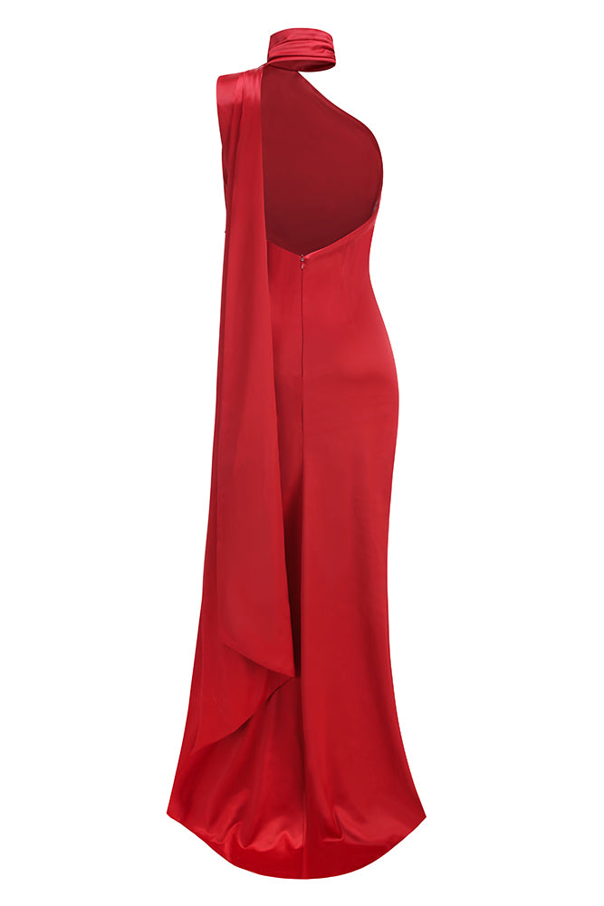 Flower Halter Draped Bridal Maxi Dress in Burgundy