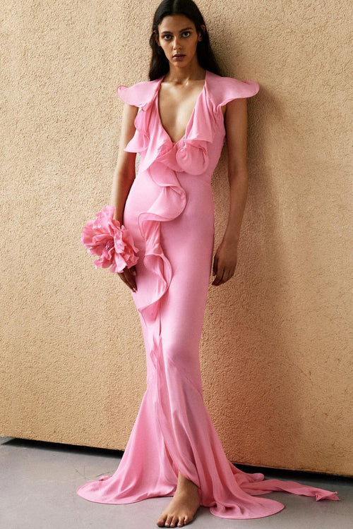 Vestido largo de sirena con flores en rosa