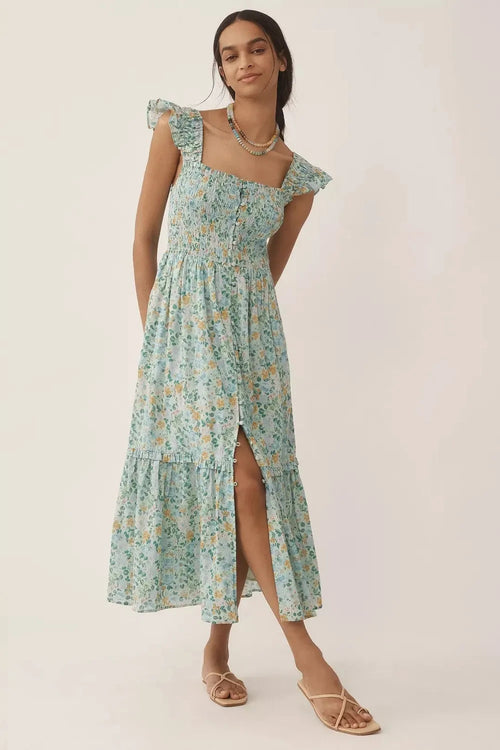 green emerald velvet dress Mac Duggal Women's Floral Embellished Flutter Sleeve Midi Dress - Green - Size 4 main image 1