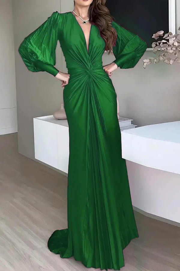 Vestido largo con mangas abullonadas fruncidas en verde