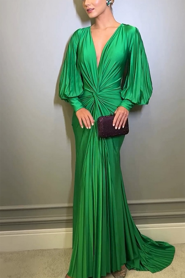 Vestido longo com manga bufante franzida em verde