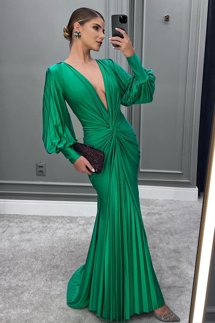 Gathered Bouffant Sleeve Maxi Dress in Green