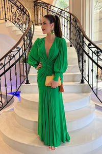 Gathered Bouffant Sleeve Maxi Dress in Green