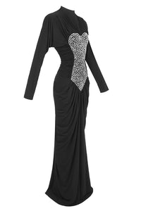 Gathered Crystal Bodycon Contour Maxi Dress in Black
