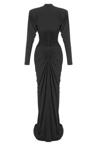 Gathered Crystal Bodycon Contour Maxi Dress in Black