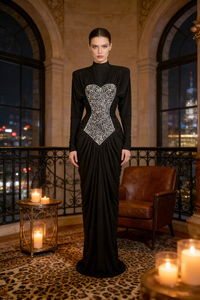 Gathered Crystal Bodycon Contour Maxi Dress in Black