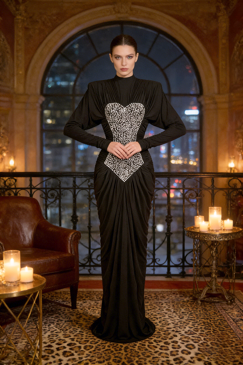 Gathered Crystal Bodycon Contour Maxi Dress in Black