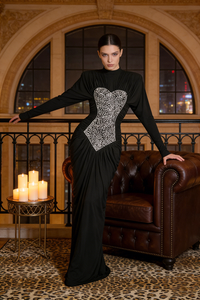 Gathered Crystal Bodycon Contour Maxi Dress in Black