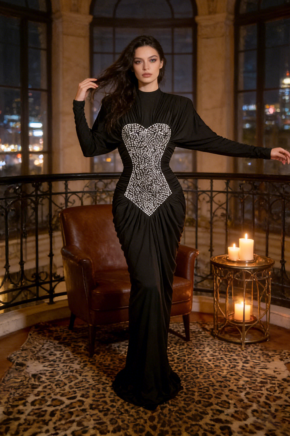 Gathered Crystal Bodycon Contour Maxi Dress in Black