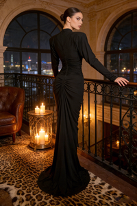 Gathered Crystal Bodycon Contour Maxi Dress in Black