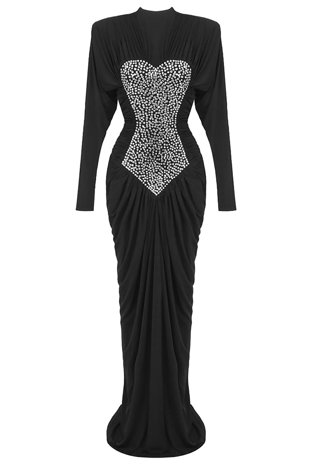 Gathered Crystal Bodycon Contour Maxi Dress in Black