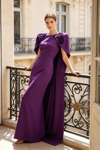 Ginko Caped Floral Gown in Purple