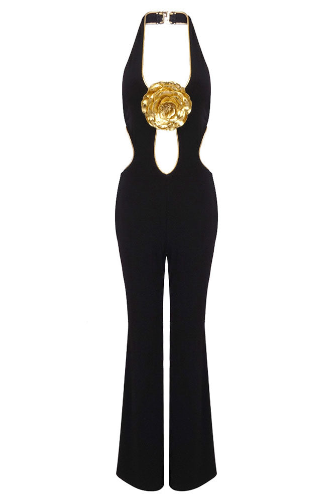 Gold Lining Flower Details Jumpsuit