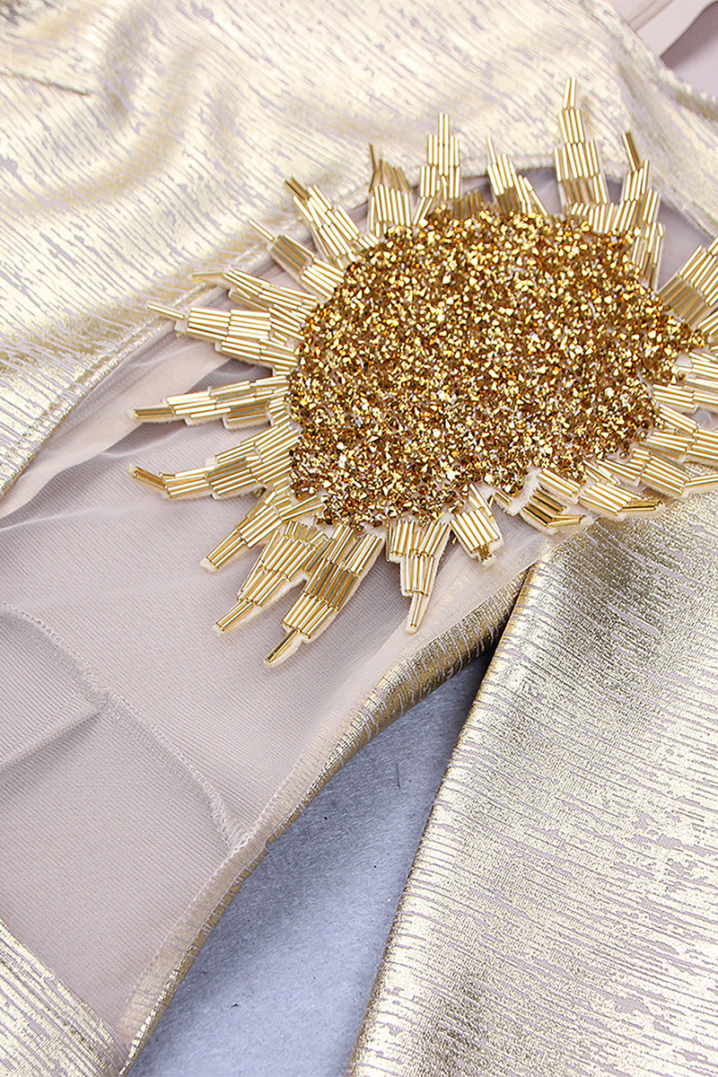Gold Foil Print Long Sleeve Mesh Beaded Dress