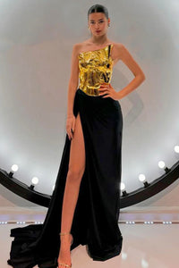 One Shoulder Gold Mirror Gown