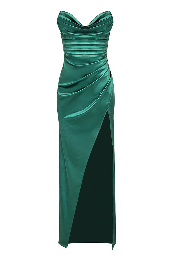 Green Strapless Draped Slit Maxi Dress