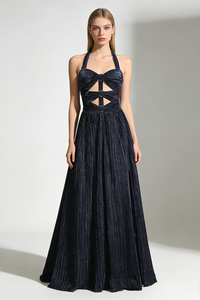 Halter-neck Ring-detail Pleated Gown