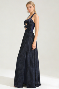 Halter-neck Ring-detail Pleated Gown