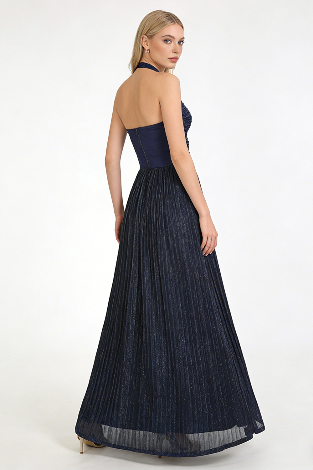Halter-neck Ring-detail Pleated Gown