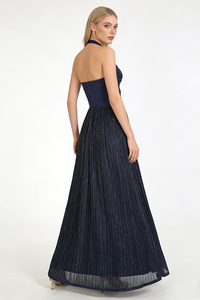 Halter-neck Ring-detail Pleated Gown
