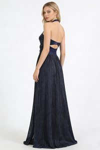 Halter-neck Ring-detail Pleated Gown