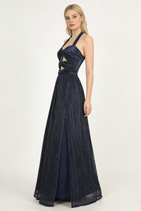 Halter-neck Ring-detail Pleated Gown