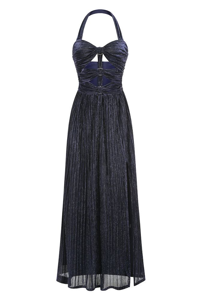 Halter-neck Ring-detail Pleated Gown