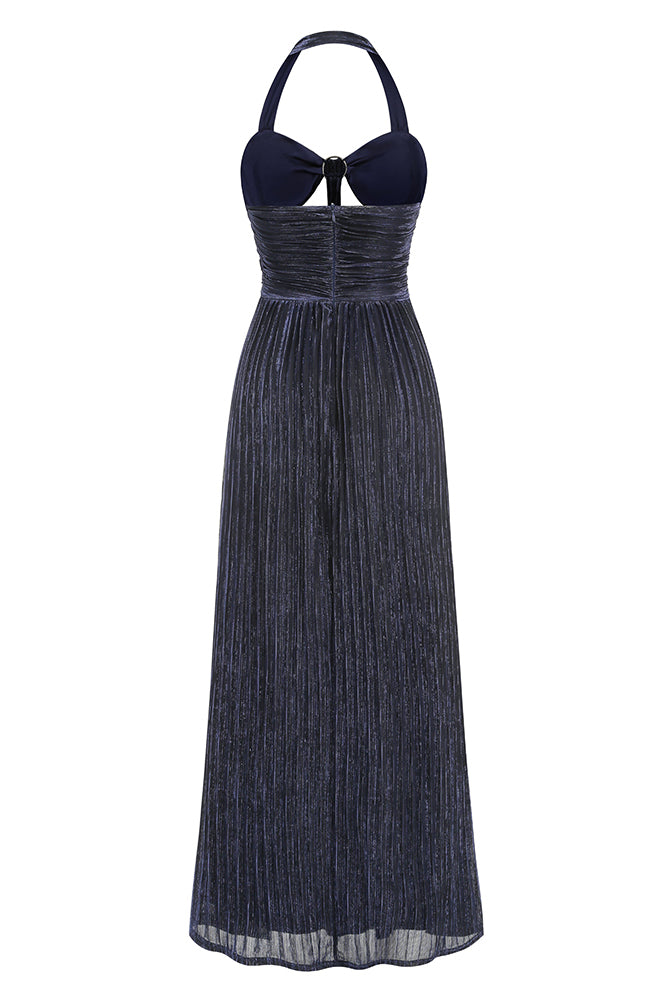 Halter-neck Ring-detail Pleated Gown