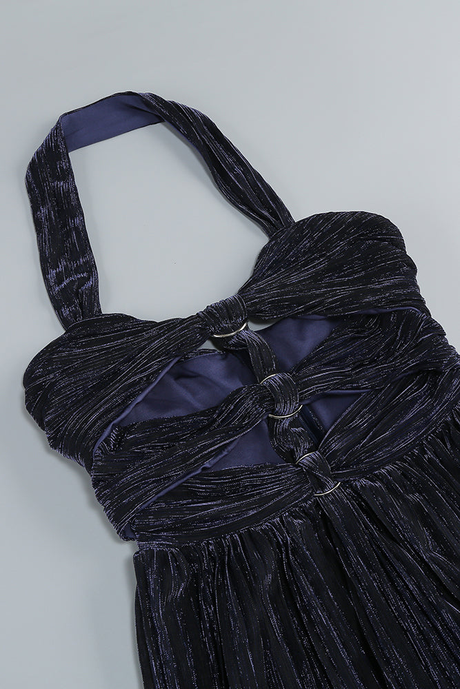 Halter-neck Ring-detail Pleated Gown