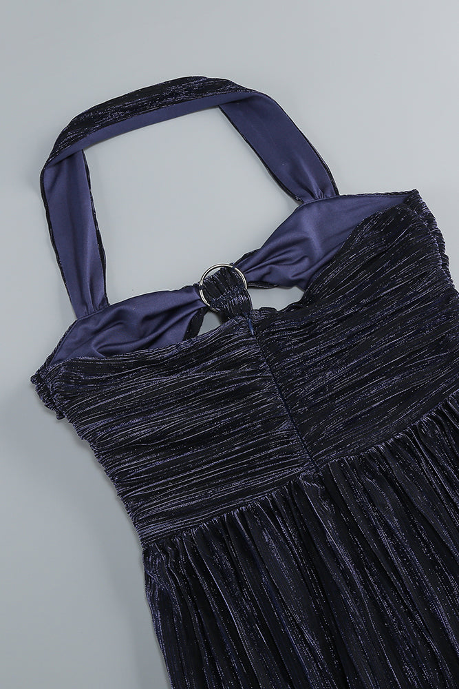 Halter-neck Ring-detail Pleated Gown