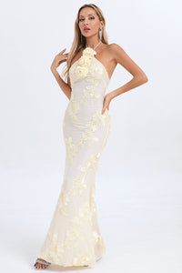 Halter 3D Floral Gown in Nude