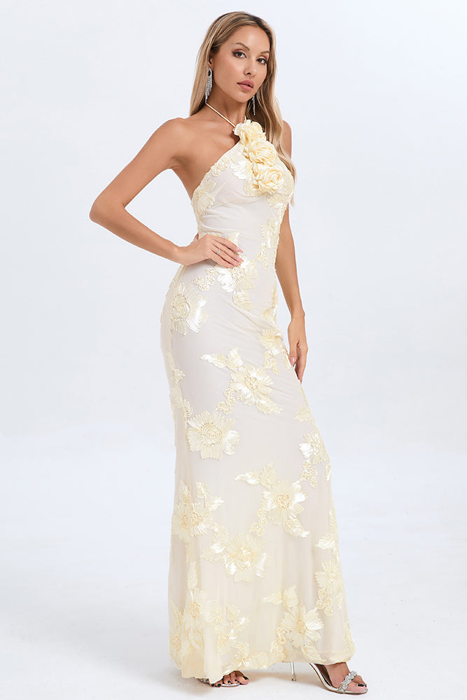 Halter 3D Floral Gown in Nude