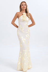 Halter 3D Floral Gown in Nude