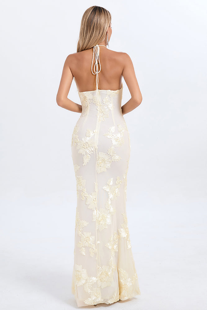 Halter 3D Floral Gown in Nude