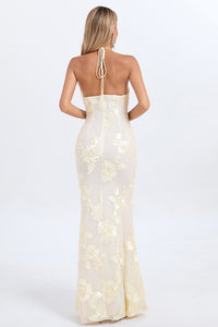 Halter 3D Floral Gown in Nude