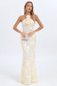 Halter 3D Floral Gown in Nude