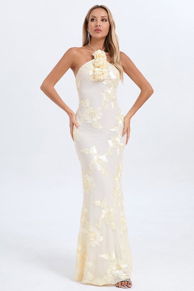 Halter 3D Floral Gown in Nude