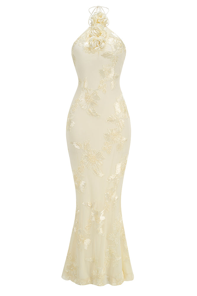 Halter 3D Floral Gown in Nude