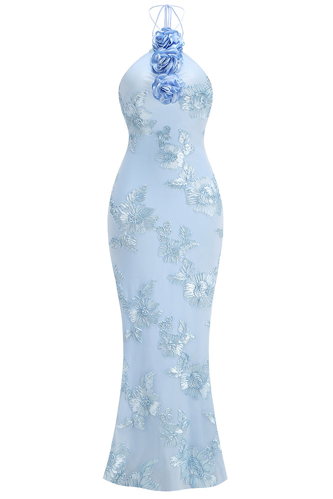 Halter 3D Floral Gown in Blue