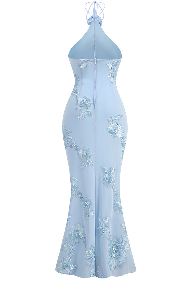 Halter 3D Floral Gown in Blue