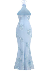 Halter 3D Floral Gown in Blue