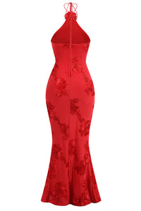 Halter 3D Floral Gown in Red