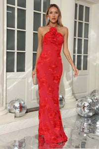 Halter 3D Floral Gown in Red