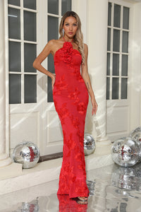 Vestido Halter Floral 3D em Vermelho