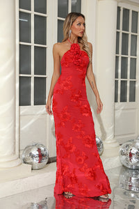 Halter 3D Floral Gown in Red