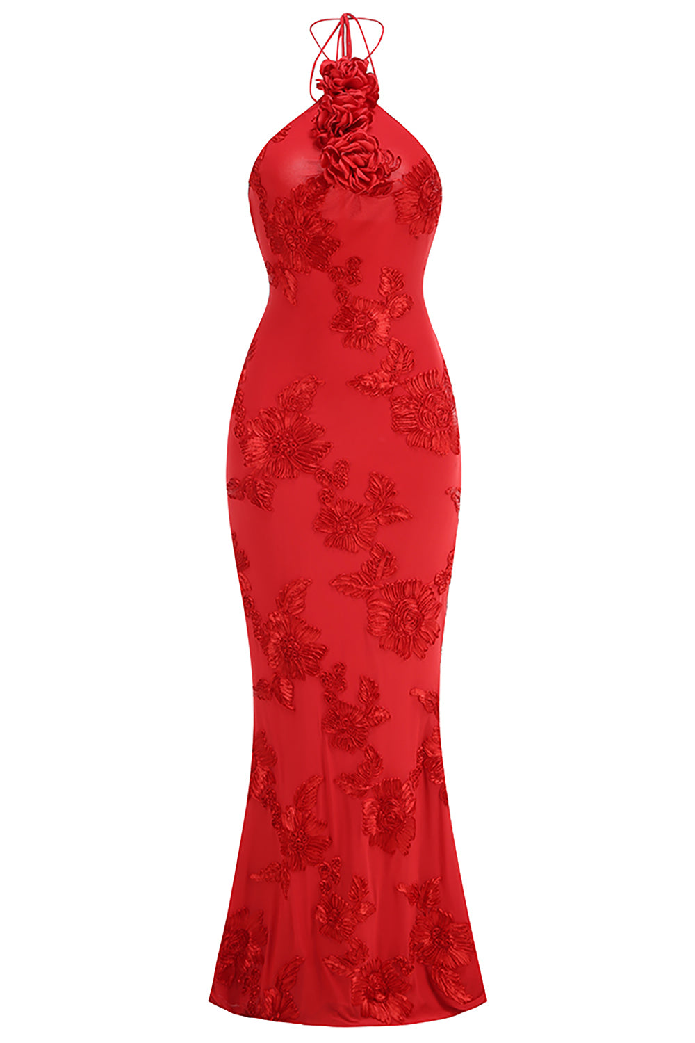 Halter 3D Floral Gown in Red